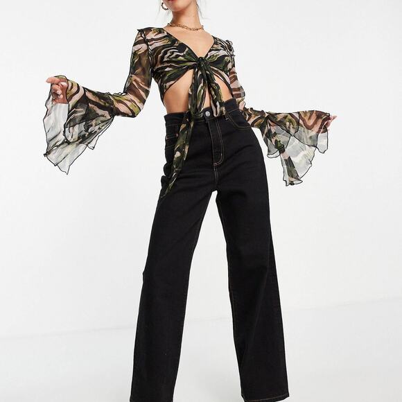 Asos Design Fairy Sheer Tie Front Ruffle Sleeve Crop Top Size 8 - Picture 3 of 15